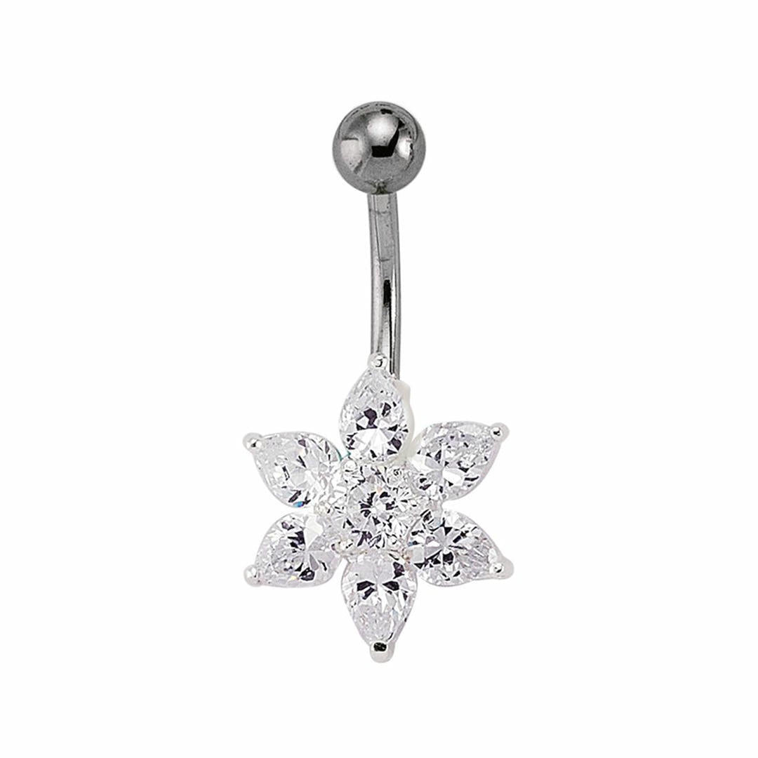 Silver  CZ Flower Cluster & Stainless Steel Banana Belly Bar Ball - GBB22