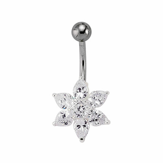 Silver  CZ Flower Cluster & Stainless Steel Banana Belly Bar Ball - GBB22