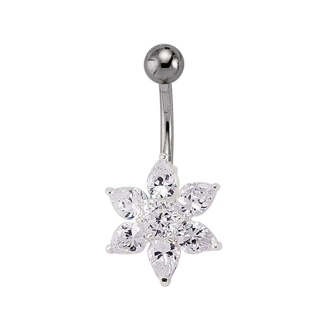 Silver  CZ Flower Cluster & Stainless Steel Banana Belly Bar Ball - GBB22