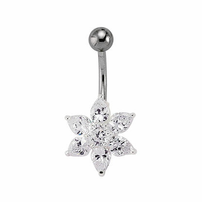 Silver  CZ Flower Cluster & Stainless Steel Banana Belly Bar Ball - GBB22