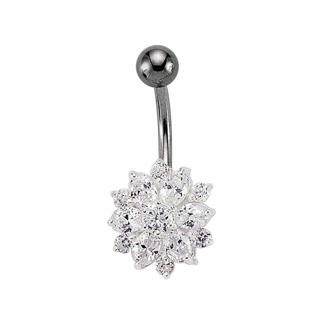 Silver  CZ Flower Cluster & Stainless Steel Banana Belly Bar Ball - GBB23