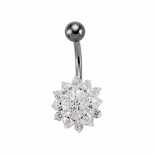 Silver  CZ Flower Cluster & Stainless Steel Banana Belly Bar Ball - GBB23
