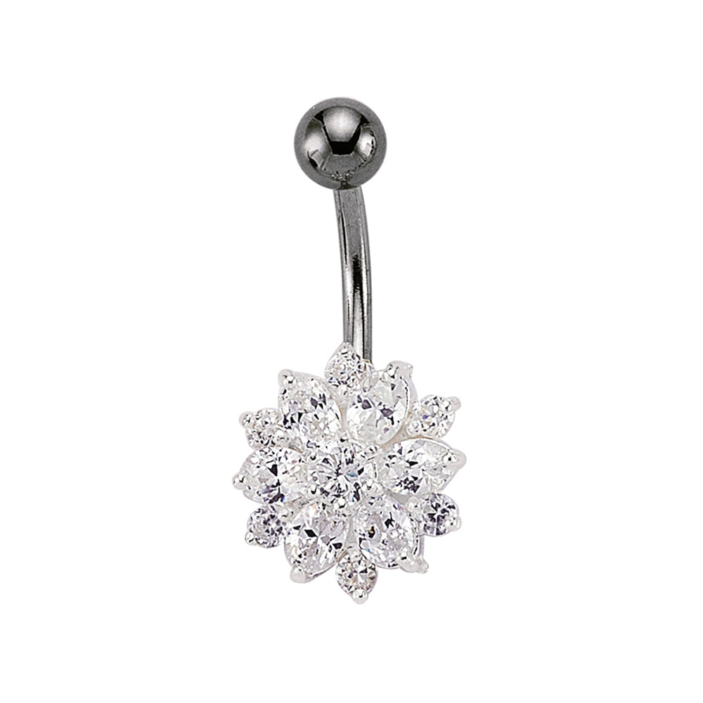 Silver  CZ Flower Cluster & Stainless Steel Banana Belly Bar Ball - GBB23