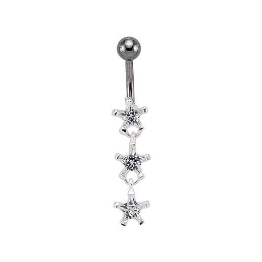 Sterling Silver  CZ Star Trilogy & Stainless Steel Belly Bar Ball - GBB24
