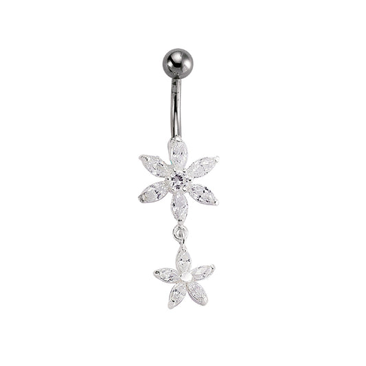 Sterling Silver  CZ Flower Drop & Stainless Steel Belly Bar Ball - GBB26