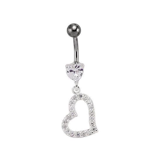 Sterling Silver  CZ Solitaire Love Heart & Steel Belly Bar Ball - GBB28