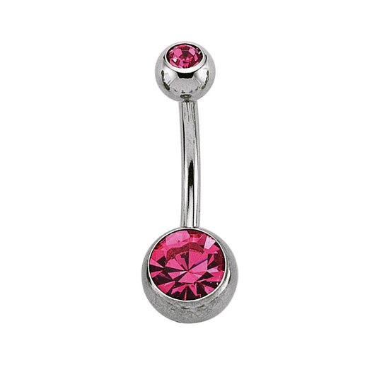 Stainless Steel  Double Hot Pink Crystal Ball Banana Belly Bar - GBB30