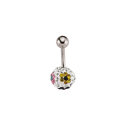 Steel  Multicolour Crystal Flowers Disco Ball Banana Belly Bar - GBB32