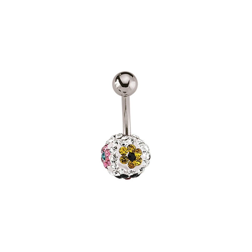 Steel  Multicolour Crystal Flowers Disco Ball Banana Belly Bar - GBB32