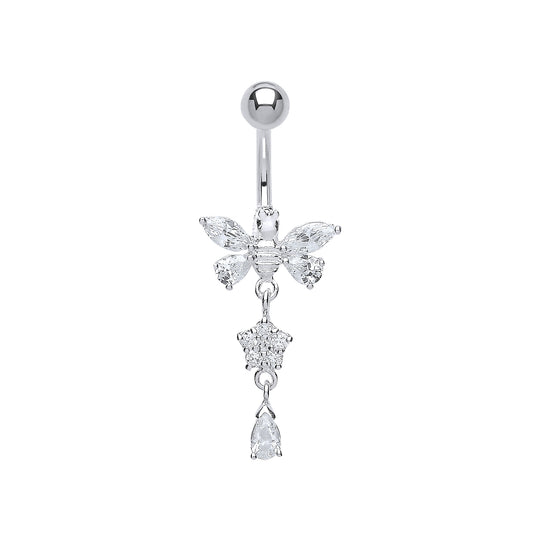 Sterling Silver  Marquise Pear CZ Butterfly & Steel Belly Bar Ball - GBB36