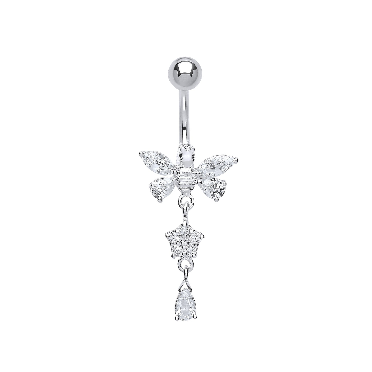 Sterling Silver  Marquise Pear CZ Butterfly & Steel Belly Bar Ball - GBB36