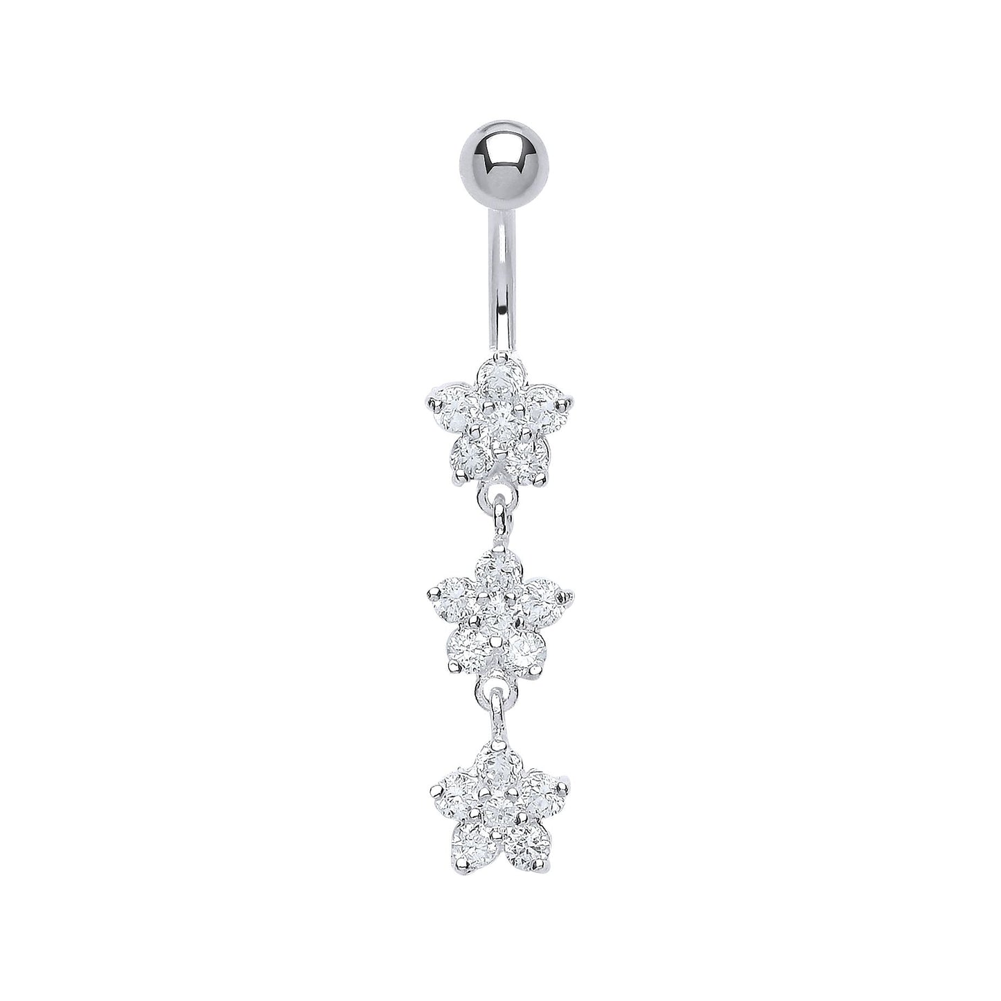 Sterling Silver  CZ Triple Flower Cluster & Steel Belly Bar Ball - GBB37