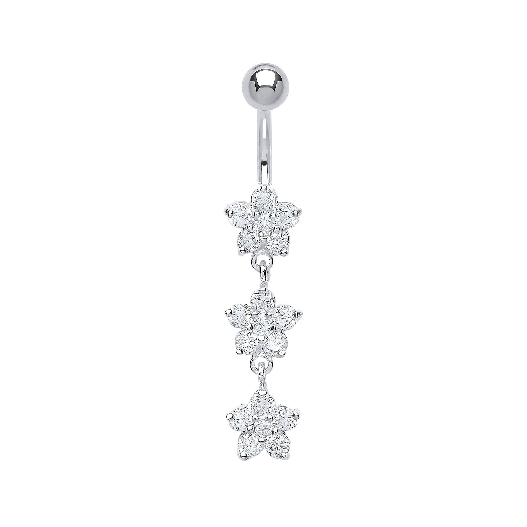 Sterling Silver  CZ Triple Flower Cluster & Steel Belly Bar Ball - GBB37