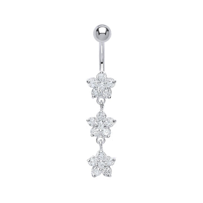 Sterling Silver  CZ Triple Flower Cluster & Steel Belly Bar Ball - GBB37