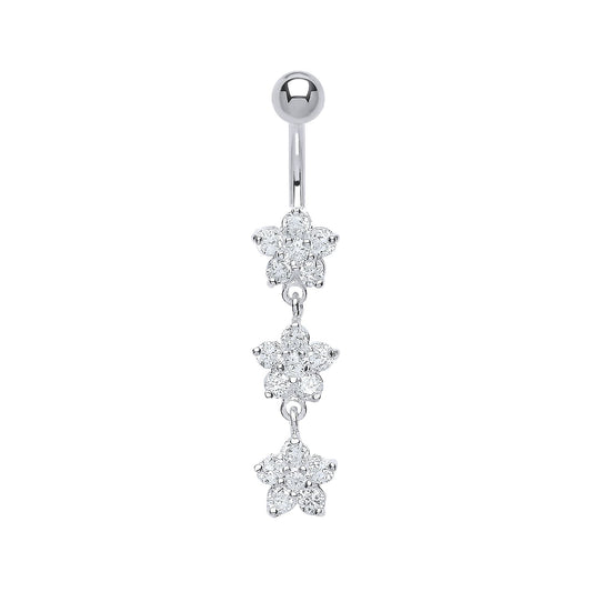 Sterling Silver  CZ Triple Flower Cluster & Steel Belly Bar Ball - GBB37