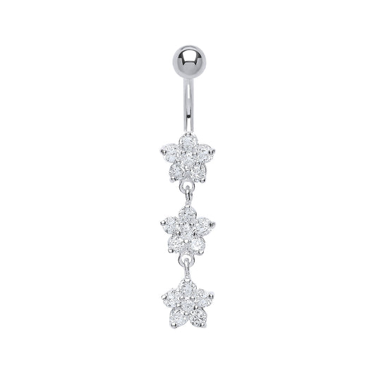 Sterling Silver  CZ Triple Flower Cluster & Steel Belly Bar Ball - GBB37