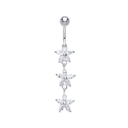 Sterling Silver  Marquise CZ Trilogy Daisy & Steel Belly Bar Ball - GBB39