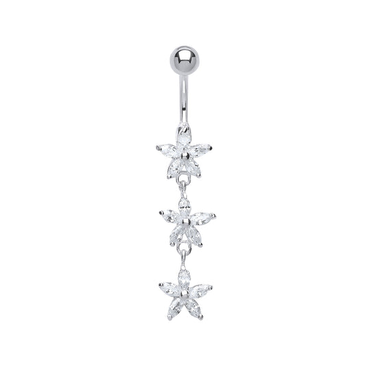 Sterling Silver  Marquise CZ Trilogy Daisy & Steel Belly Bar Ball - GBB39