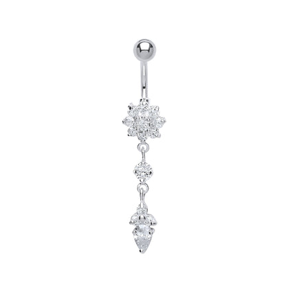 Silver  CZ Flower Cluster & Stainless Steel Banana Belly Bar Ball - GBB40