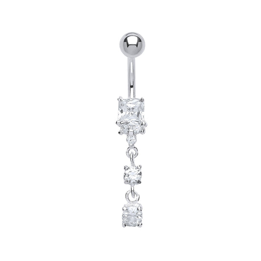 Silver  Square CZ Cluster & Stainless Steel Banana Belly Bar Ball - GBB44