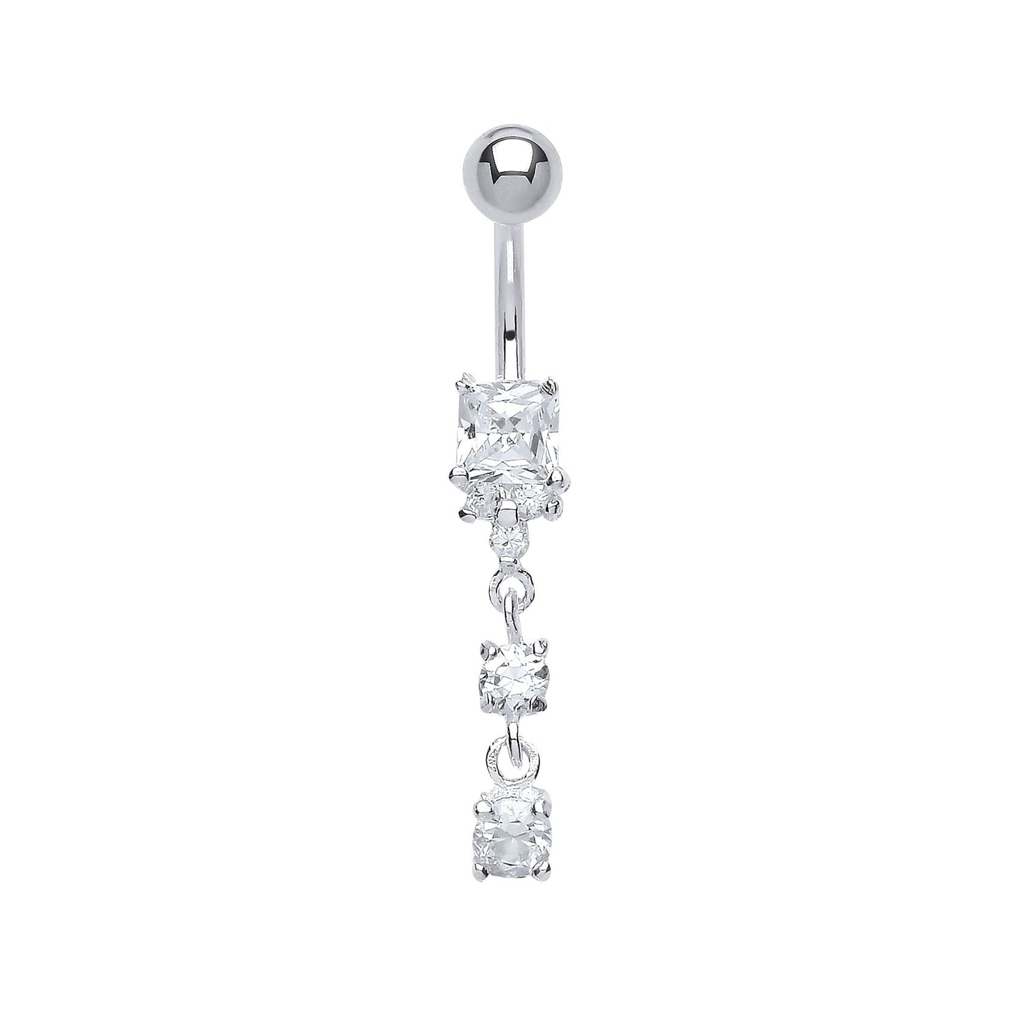 Silver  Square CZ Cluster & Stainless Steel Banana Belly Bar Ball - GBB44
