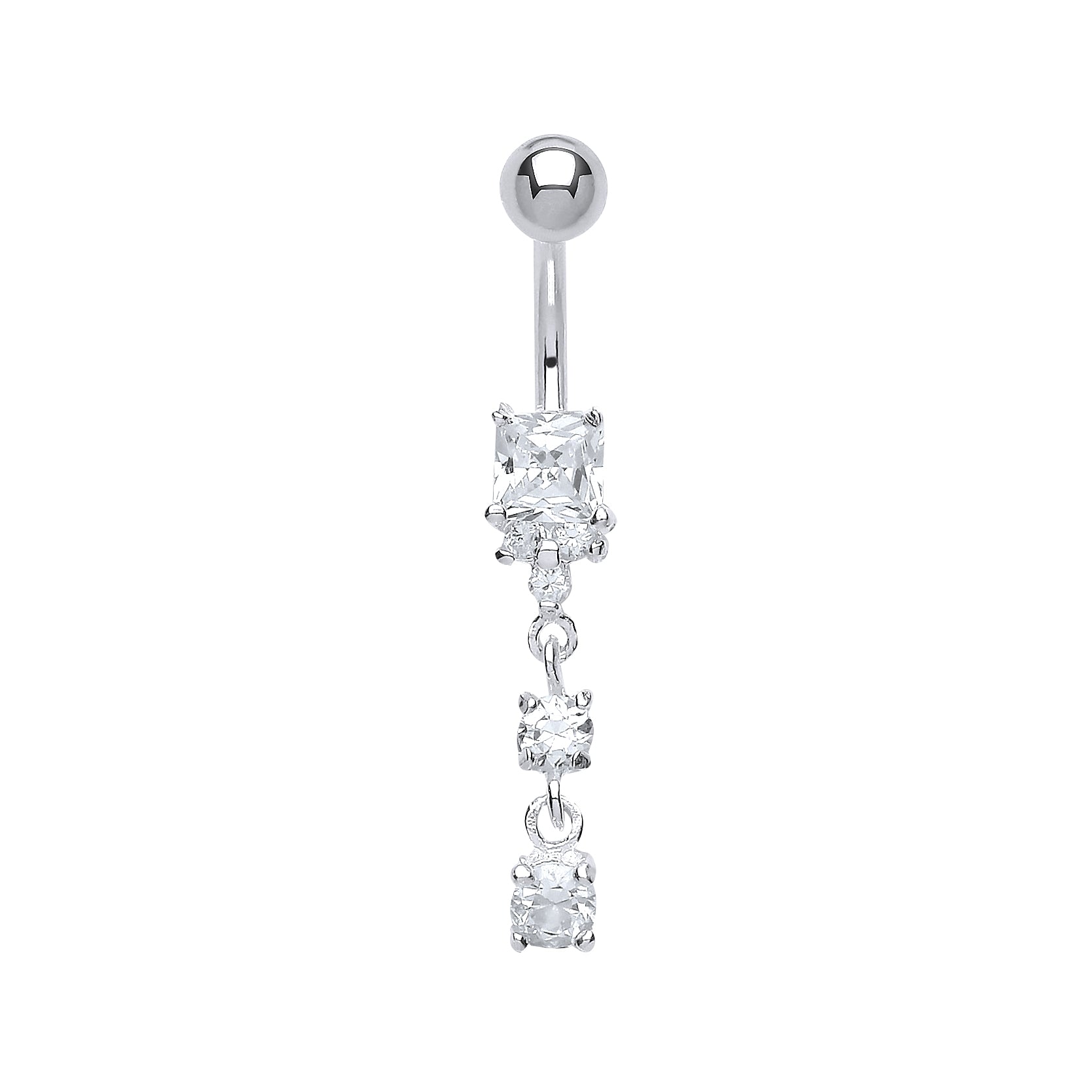 Silver  Square CZ Cluster & Stainless Steel Banana Belly Bar Ball - GBB44