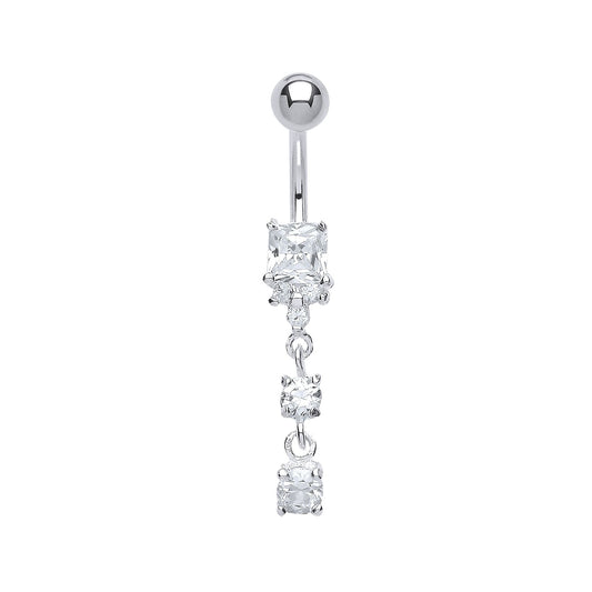 Silver  Square CZ Cluster & Stainless Steel Banana Belly Bar Ball - GBB44