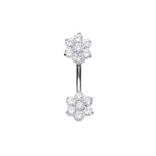 Sterling Silver  CZ Double Flower Cluster Banana Belly Bar - GBB46