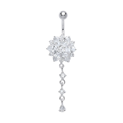 Sterling Silver  CZ Chandelier Cluster Drop & Steel Belly Bar Ball - GBB50