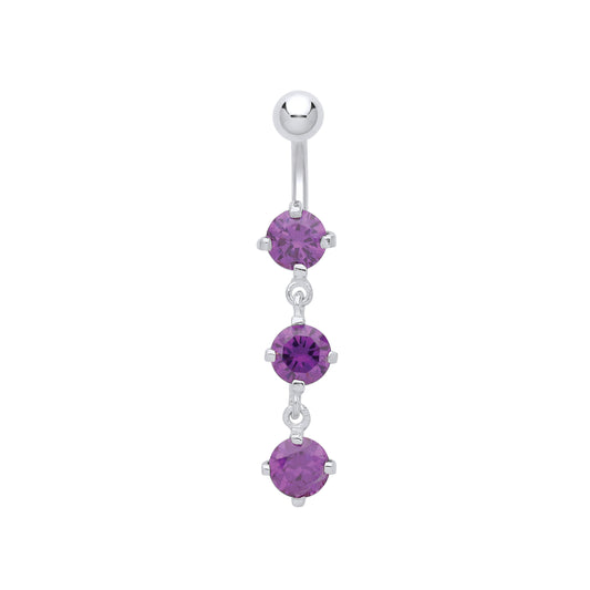 Silver  Purple CZ Trilogy Chandelier Drop Steel Belly Bar & Ball - GBB51AM