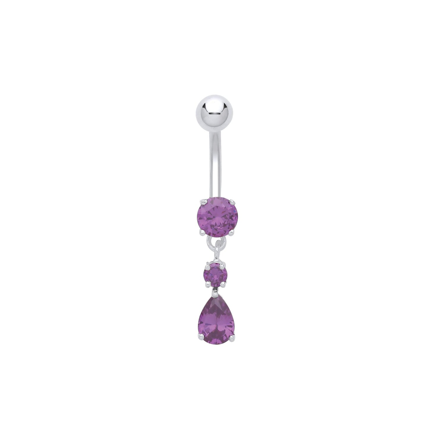 Silver  Purple Pear CZ Trilogy Chandelier Steel Belly Bar & Ball - GBB52