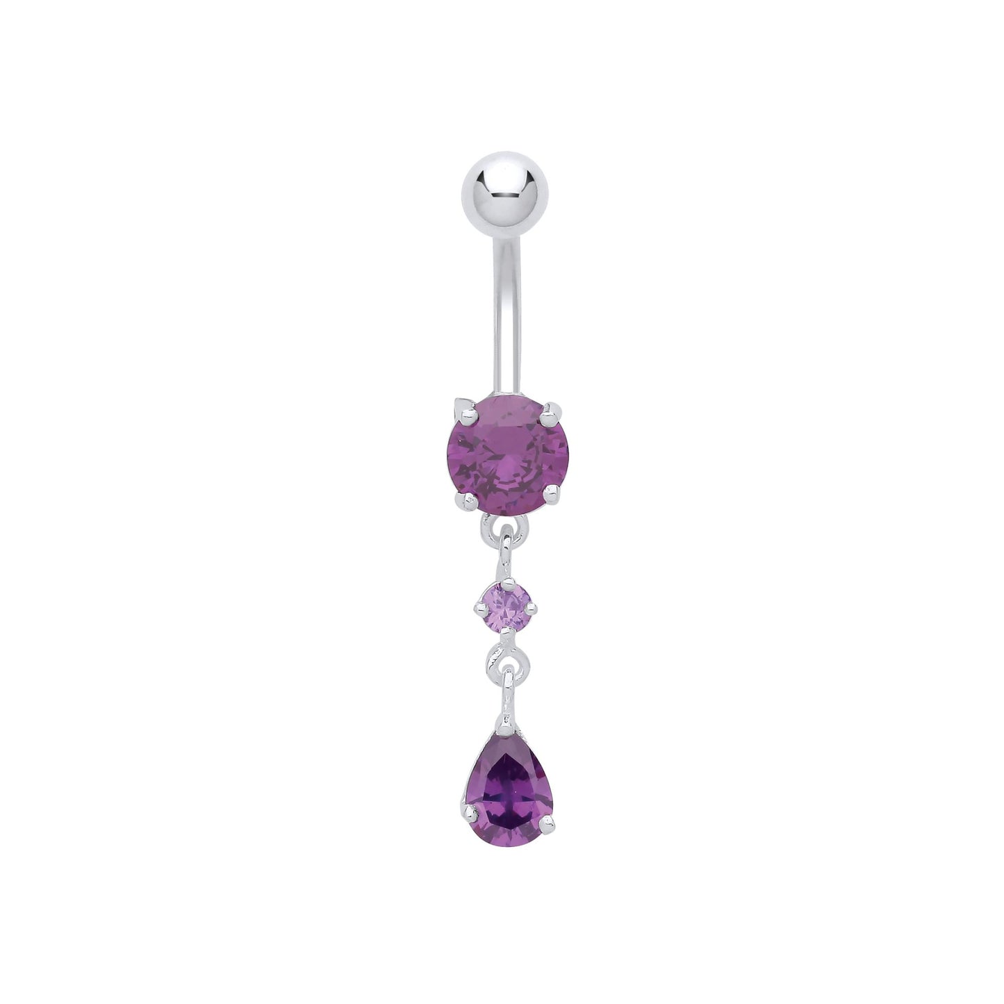 Silver  Purple Pear CZ Trilogy Chandelier Steel Belly Bar & Ball - GBB53