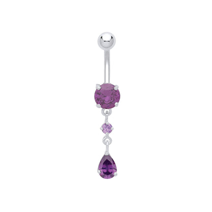 Silver  Purple Pear CZ Trilogy Chandelier Steel Belly Bar & Ball - GBB53