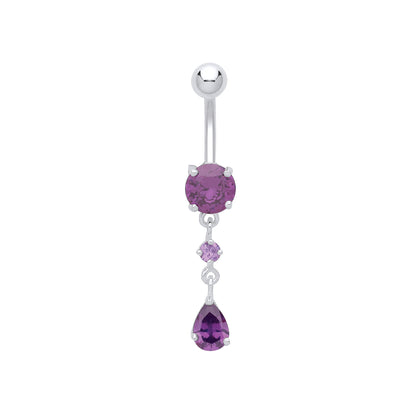 Silver  Purple Pear CZ Trilogy Chandelier Steel Belly Bar & Ball - GBB53