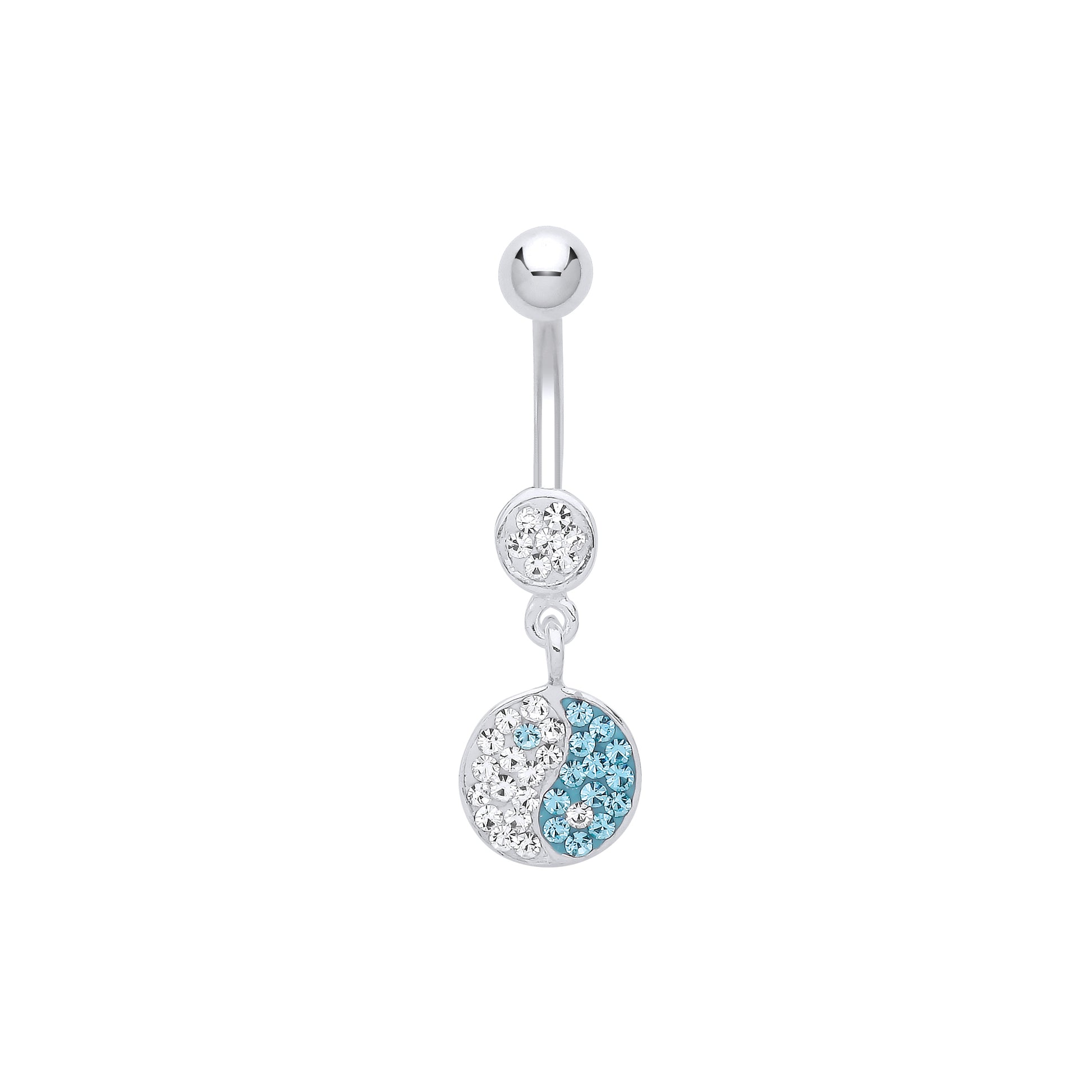 Silver  Blue Crystal Yin Yang Diode Disco Steel Belly Bar & Ball - GBB54