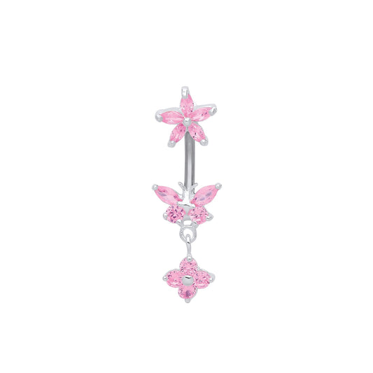 Silver  Pink CZ Buttefly Starfish Daisy Steel Belly Bar & Ball - GBB55