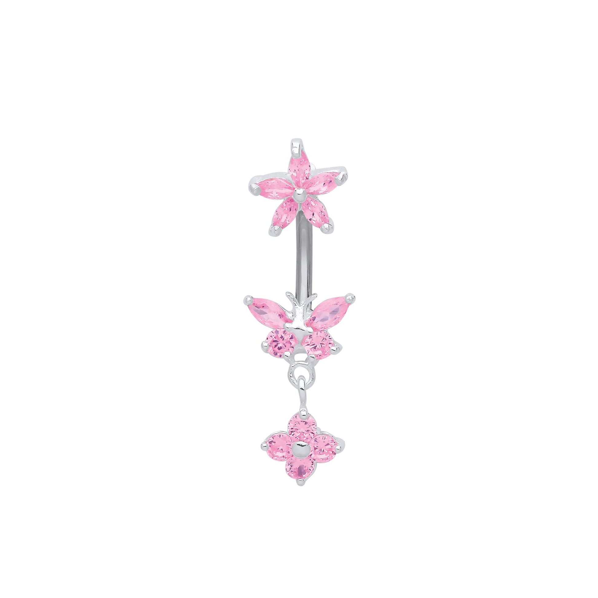 Silver  Pink CZ Buttefly Starfish Daisy Steel Belly Bar & Ball - GBB55