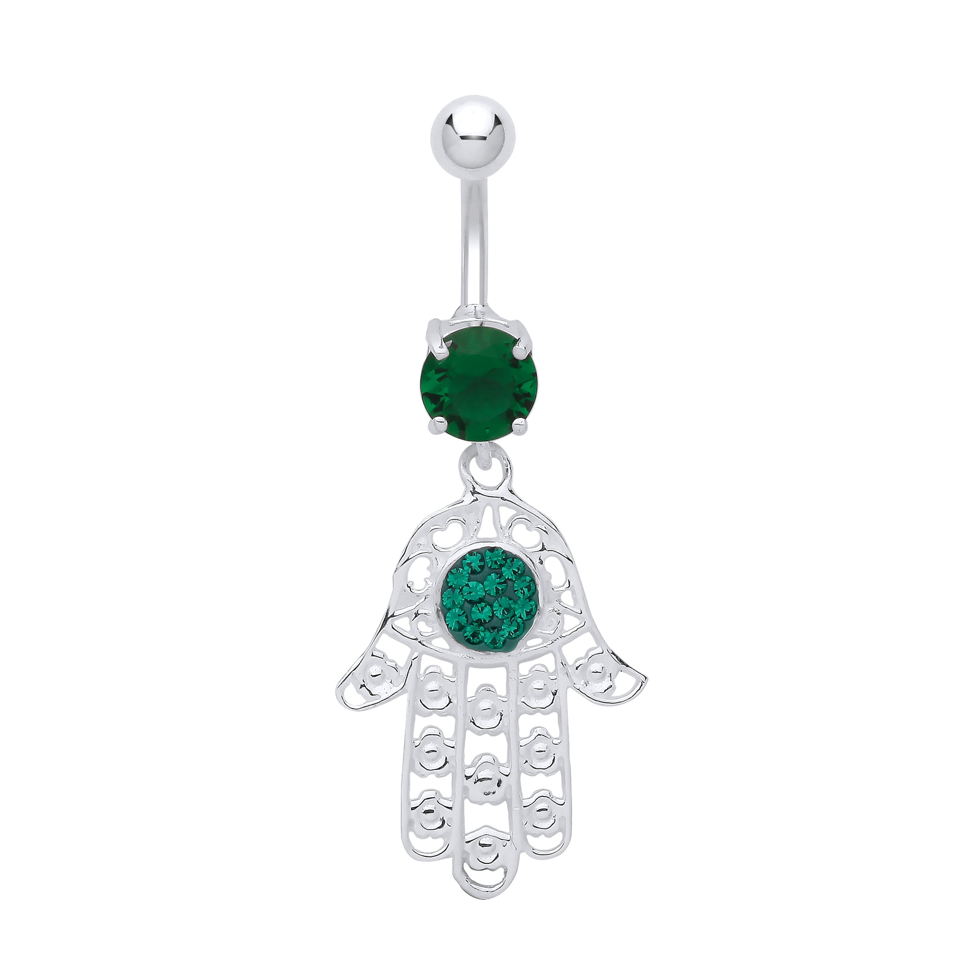 Silver  Green Crystal CZ Hamsa with Steel Belly Bar & Ball - GBB56