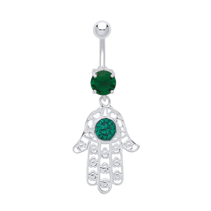 Silver  Green Crystal CZ Hamsa with Steel Belly Bar & Ball - GBB56