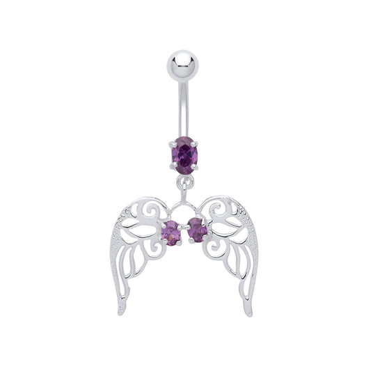 Silver  Purple Oval CZ Angel Wings with Steel Belly Bar & Ball - GBB57