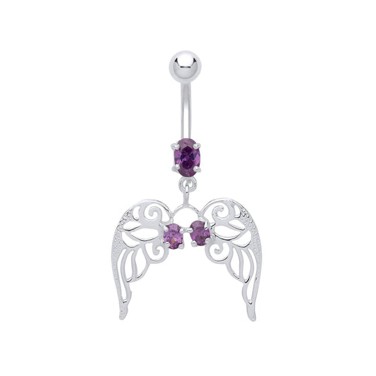 Silver  Purple Oval CZ Angel Wings with Steel Belly Bar & Ball - GBB57
