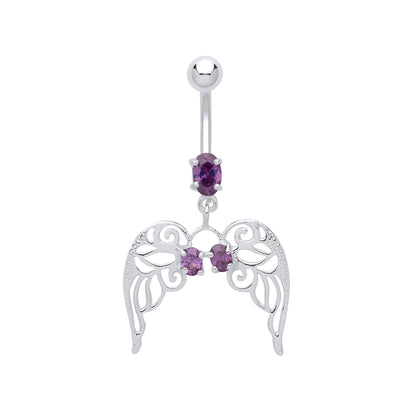 Silver  Purple Oval CZ Angel Wings with Steel Belly Bar & Ball - GBB57