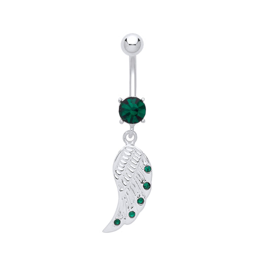 Silver  Green Crystal CZ Angel Wing with Steel Belly Bar & Ball - GBB59