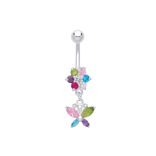 Silver  Swiss Blue Pink Green CZ Butterfly Steel Belly Bar & Ball - GBB60