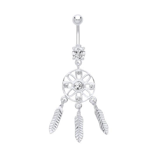 Silver  CZ Wind Chime Dream Catcher with Steel Belly Bar & Ball - GBB61