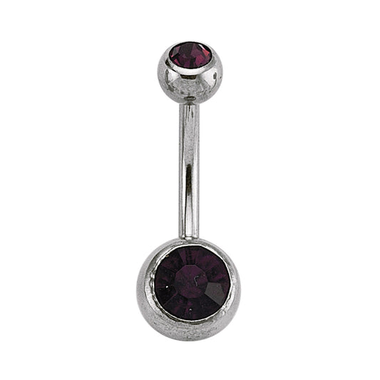 Stainless Steel  Double Purple Crystal Ball Banana Belly Bar - GBB7