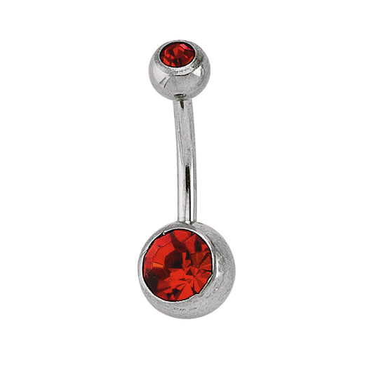 Stainless Steel  Double Scarlet Red Crystal Ball Banana Belly Bar - GBB9