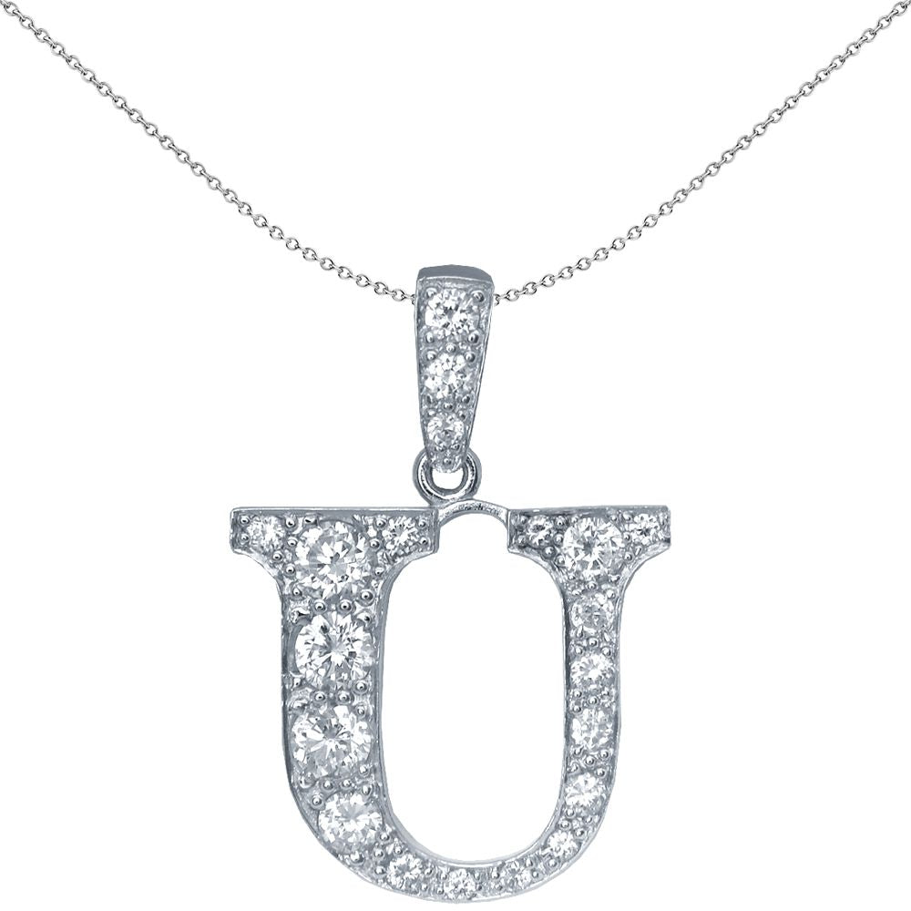 Sterling Silver  Initial Identity Large CZ Pendant Letter U - GIN1-U