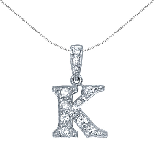 Silver  CZ Letter K Initial Pendant Necklace 18 inch - GIN2-K