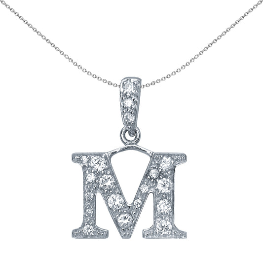 Silver  CZ Letter M Initial Pendant Necklace 18 inch - GIN2-M
